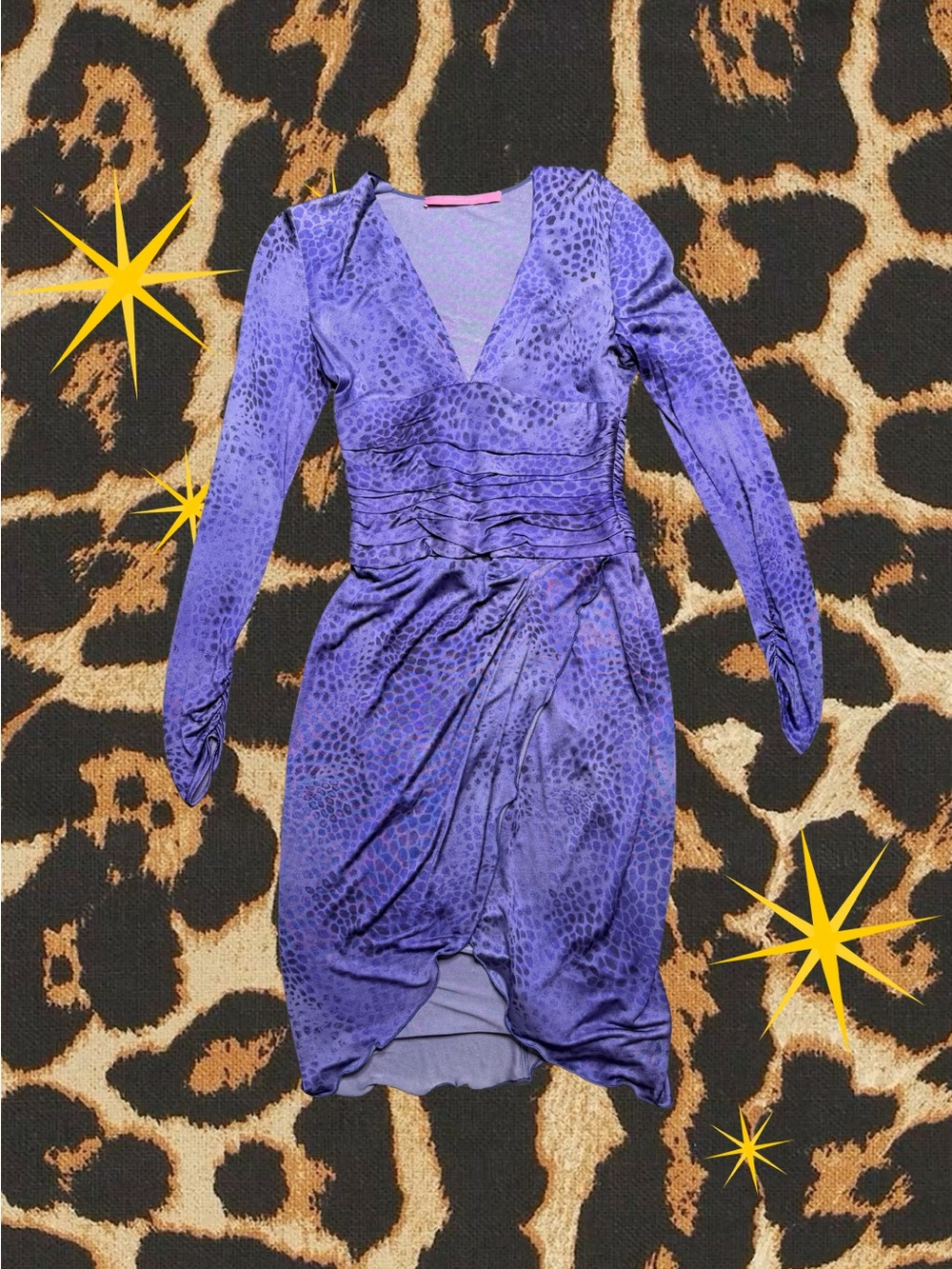 EMANUEL UNGARO | Paris Silk Purple Animal Leopard Print Ruched Midi Dress | M